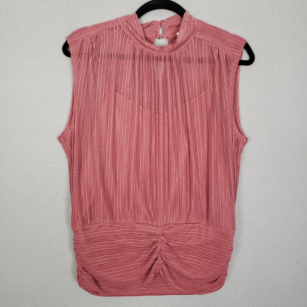 Ember High Neck Sleeveless Blouse Rose Pink Metallic Ruched Gathered Office Chic